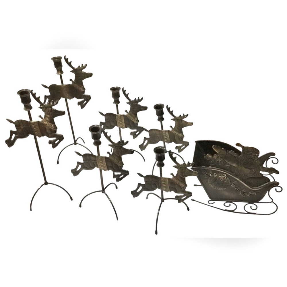 Vintage Brass Xmas Santa Sleigh and Reindeer Candlestick Holders